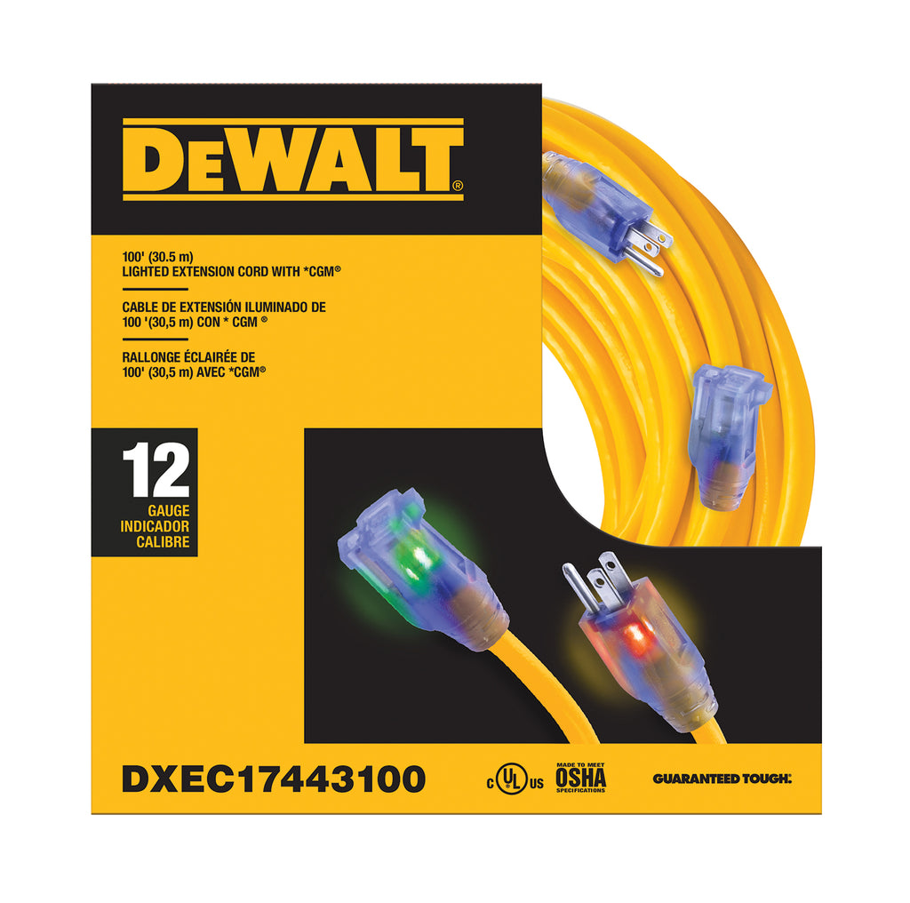 100 Foot 12/3 SJTW DEWALT Industrial Grade Lighted Extension Cord – Power  Tech®